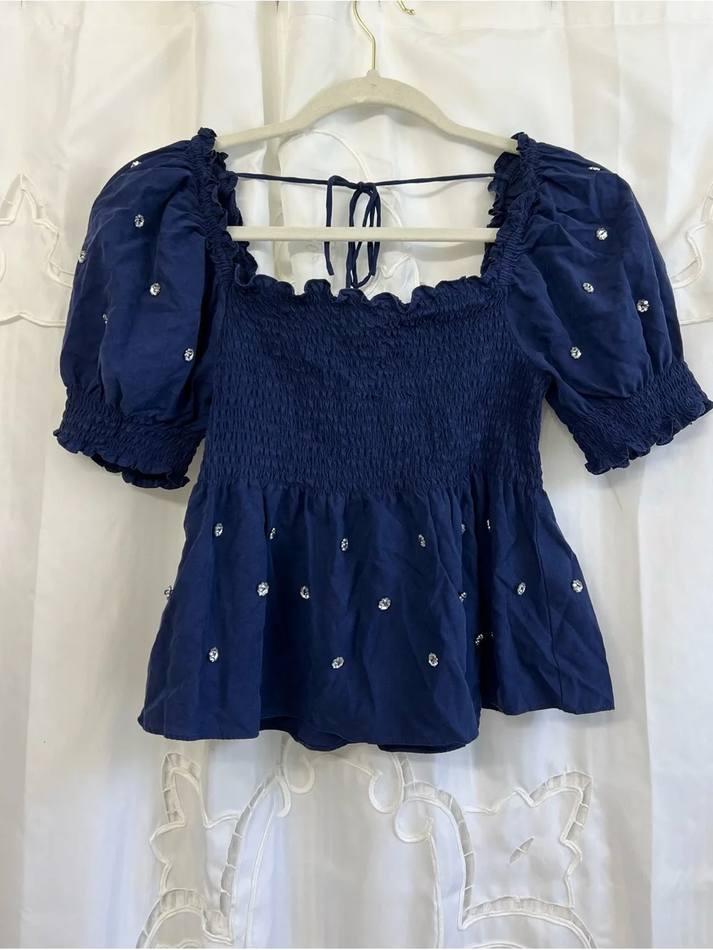 Hill House Home Jewel Jammie Top Navy Crystal Smocked Size Small